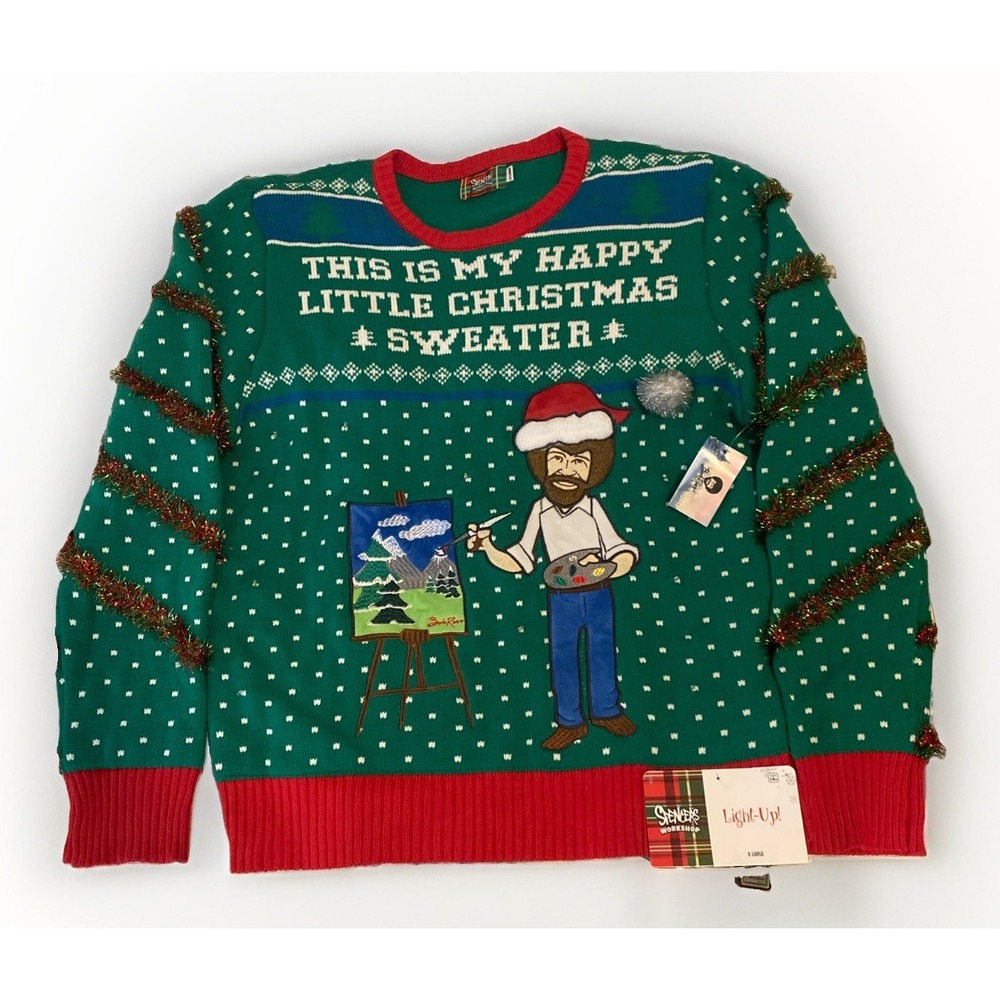 NWT Spencers BOB ROSS Happy Christmas Ugly Sweater Men XL Lights Up Tinsel Easel